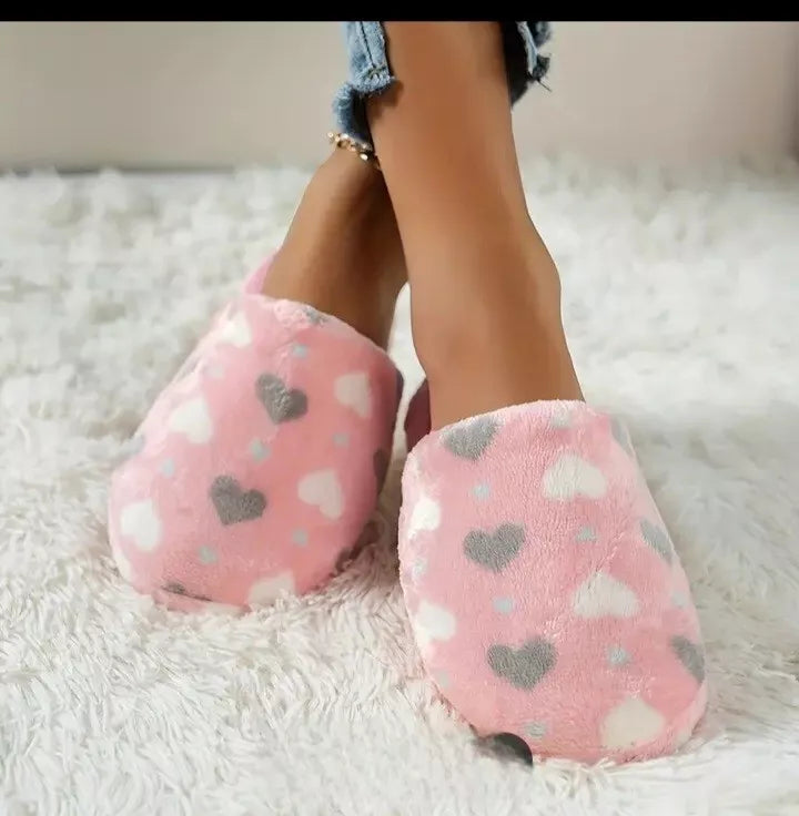 Womens Slippers Warm Pink with Grey and White Hearts